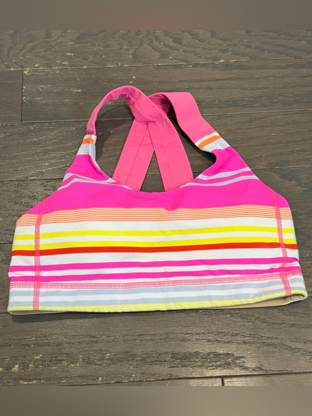 Lululemon Energy Bra Size 6 Pink Multi Color Striped Criss Cross Back Sports Bra